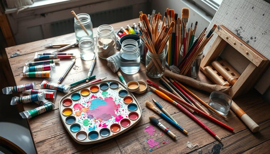 A cluttered wooden table with various art supplies, including paintbrushes, tubes of paint, jars of water, and a palette with mixed colors&mdash;a perfect setup for a cozy paint and sip evening.