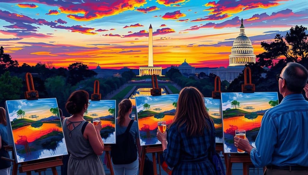 People enjoy a sip and paint evening, capturing a vibrant sunset scene with the Washington Monument and U.S. Capitol in the background.
