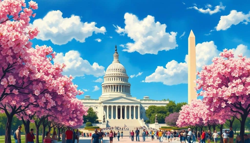 The Capitol building with cherry blossoms in the foreground and the Washington Monument in the background, under a blue sky with clouds, creates a picturesque scene perfect for a paint and sip experience.