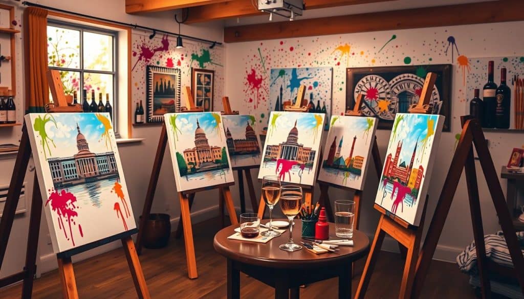 Art studio with easels displaying cityscape paintings. Splattered paint decorates the walls, capturing the creativity of the painting class in session. Wine glasses and art supplies rest on a small table, ready for use by inspired artists.