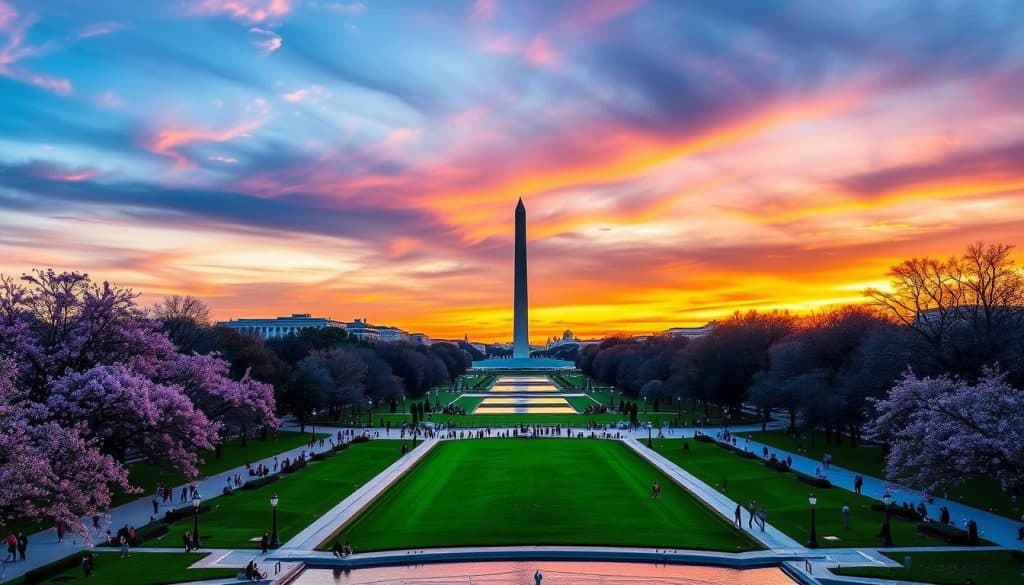 As the sun sets behind the Washington Monument, casting vibrant colors across the sky, visitors stroll by reflecting pools and trees. Nearby, a "sip and paint" session adds an artistic touch to the scene, inviting creativity amid this breathtaking view.