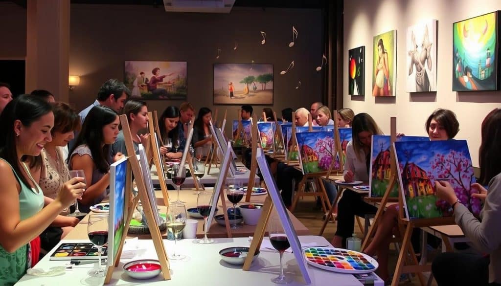 A group of people in a well-lit room participate in a painting class, each with their own easel and canvas, painting a colorful house and tree scene. Finished paintings and art supplies are visible.