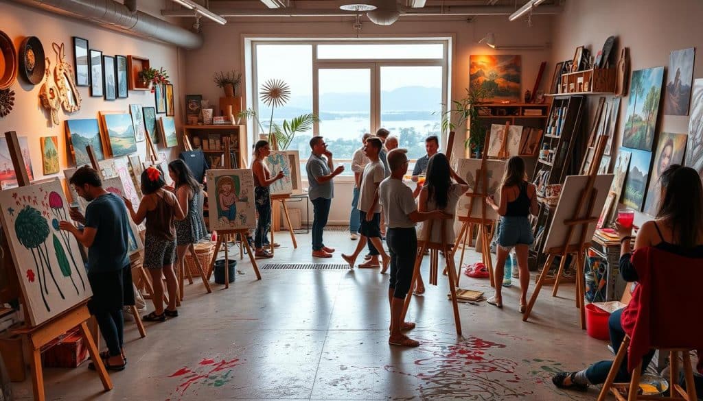 Join a paint and sip session in a spacious, well-lit studio with large windows. Surrounded by artworks on easels and vibrant paintings on the walls, you'll unleash your creativity while enjoying a delightful experience nearby.