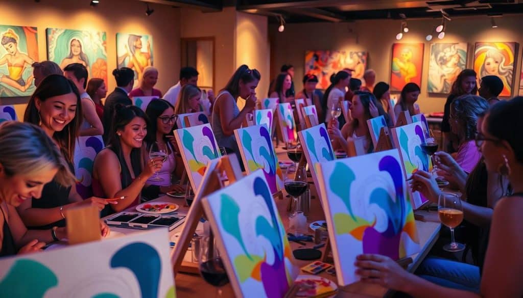 People enjoying a group painting class in a studio with colorful artworks displayed on the walls.
