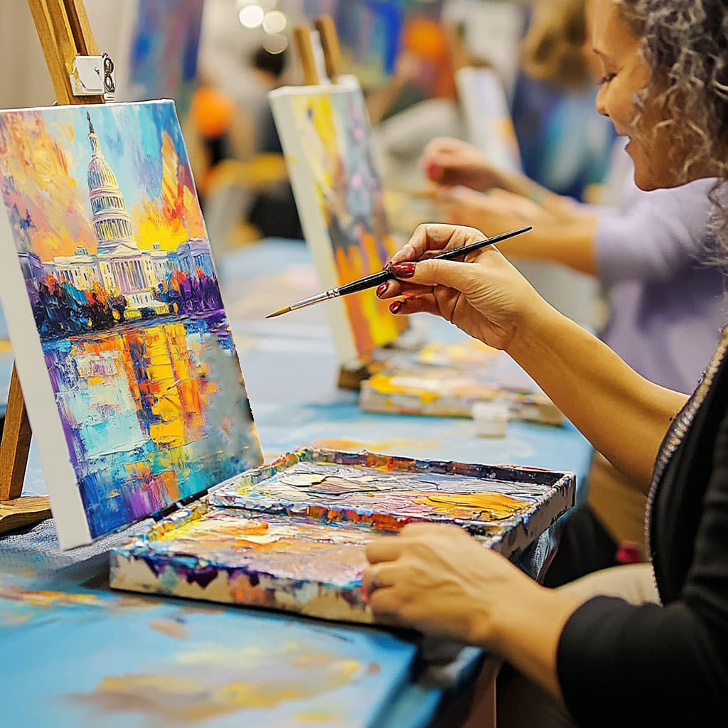 A person painting a colorful scene of a capitol building on a canvas with a brush, surrounded by other easels and canvases.