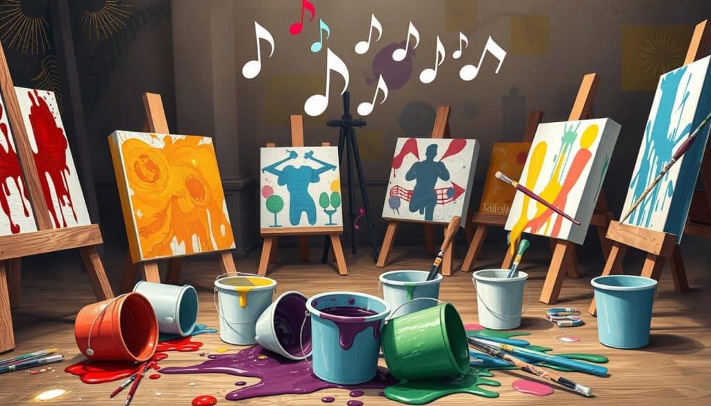 A fun sip and paint session with bright paintings, colorful paint buckets, and music for a lively atmosphere.