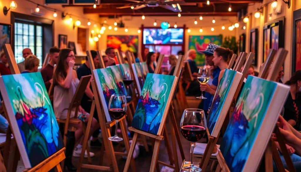 A vibrant sip and paint event where participants enjoy wine while creating colorful paintings, all beneath warm string lights and engaging in lively social interactions.