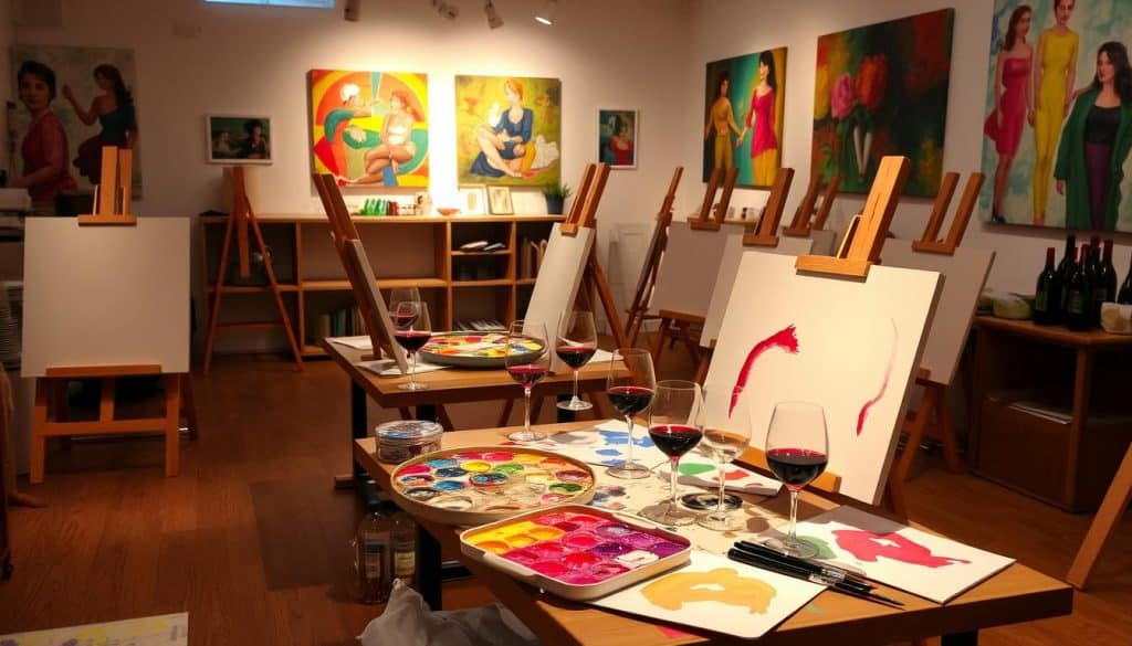 A vibrant paint and sip studio featuring easels set up with blank canvases, paint palettes, brushes, and glasses of red wine on wooden tables. Colorful artwork decorates the walls, creating an inviting atmosphere for creative expression and relaxation.