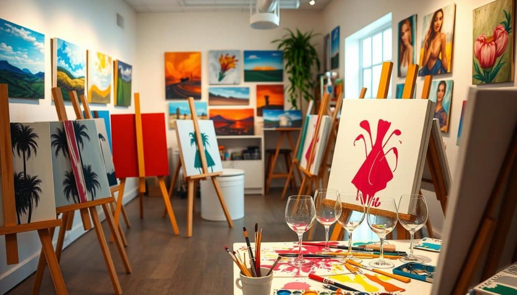 A bright and inviting paint and sip studio showcasing colorful paintings on easels and walls. The foreground features a table with paint supplies, brushes, and wine glasses, ready for participants to create art in a relaxing and creative environment.