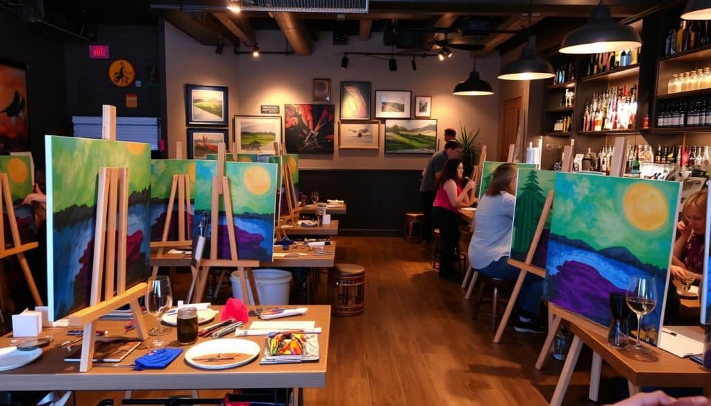 A cozy paint and sip studio featuring individual easels with vibrant landscape paintings in progress. Guests are seated, enjoying drinks and creating art, surrounded by framed artwork and a fully stocked bar in the background.