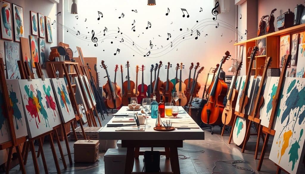 A vibrant sip and paint studio with art, musical instruments, and a festive atmosphere, ideal for a fun night out.