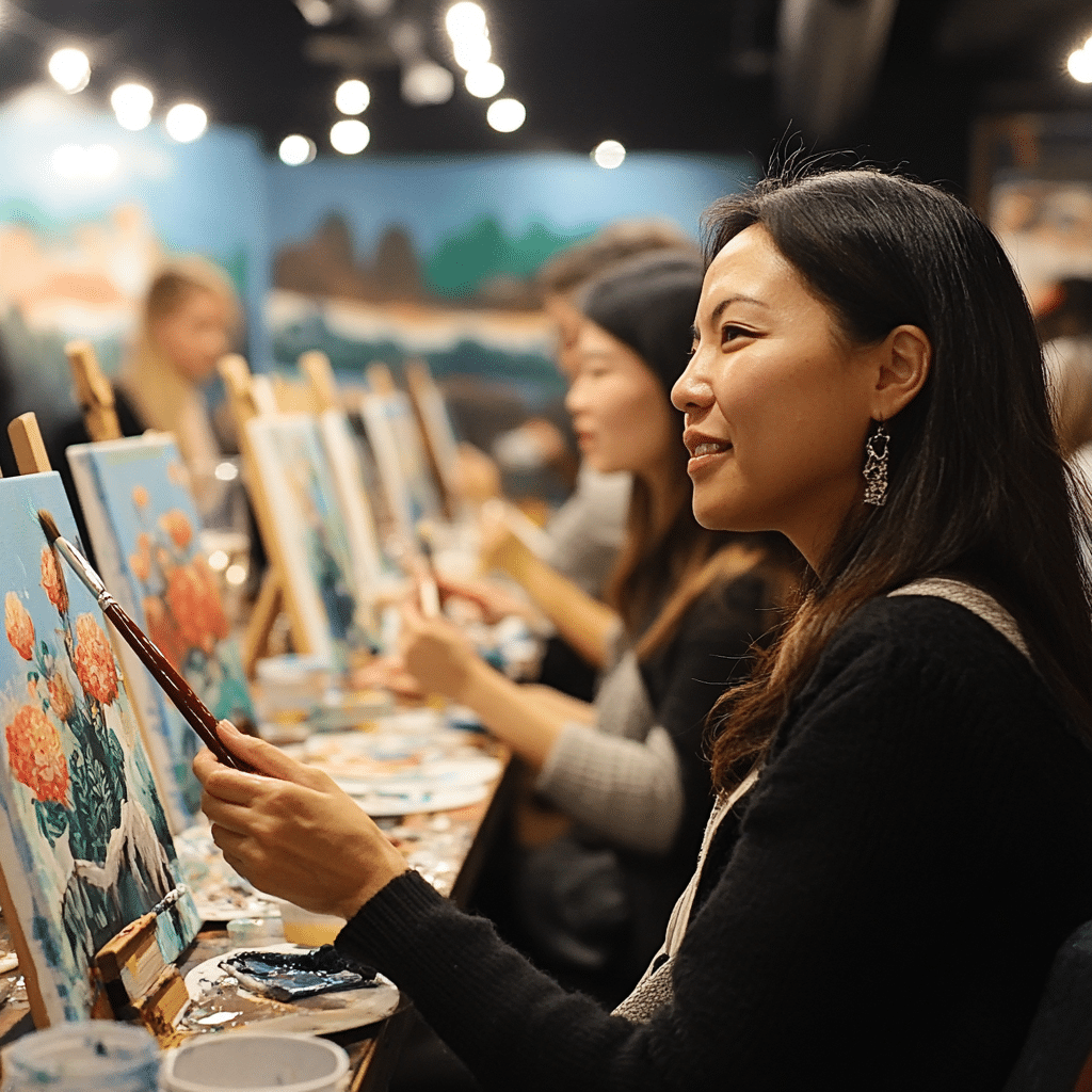 People seated in a painting class, focusing on canvas artwork. A woman in the foreground holds a paintbrush, with colorful paintings visible. Indoor setting with soft lighting.