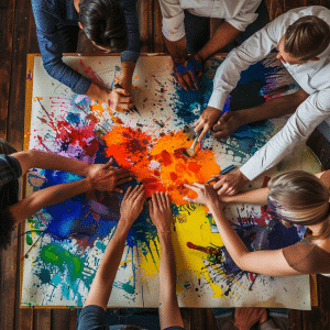 A group of people collaborates on a colorful abstract painting at a wooden table, using hands and brushes to blend splashes of bright paint.