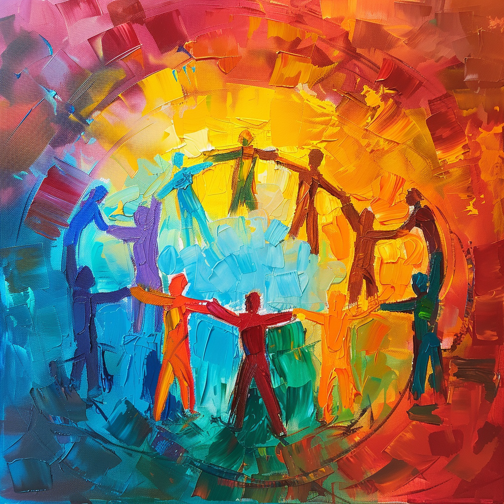 Colorful abstract painting of people holding hands in a circle against a vibrant, swirling background.