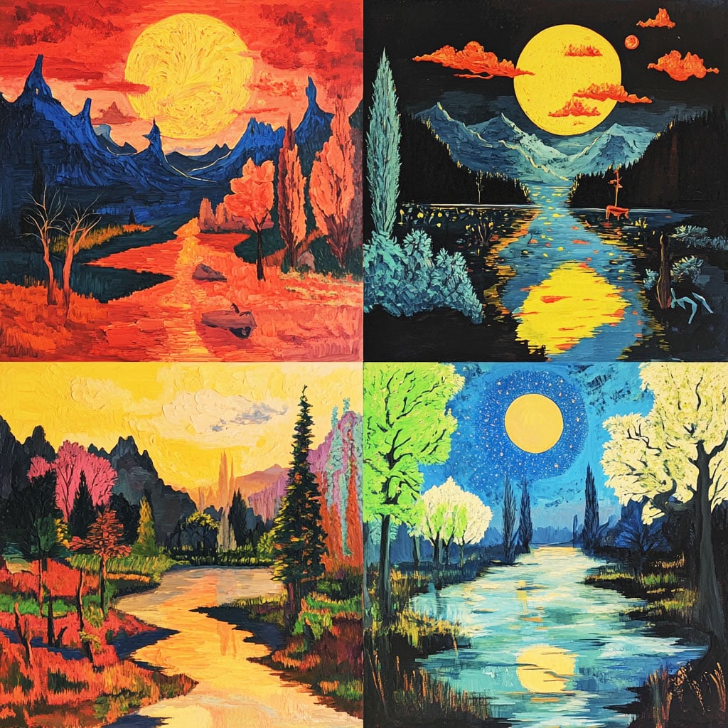 Four landscape paintings representing different seasons, each with mountains, trees, and a river under a sun or moon. Color themes are red, black, yellow, and blue for each respective scene.