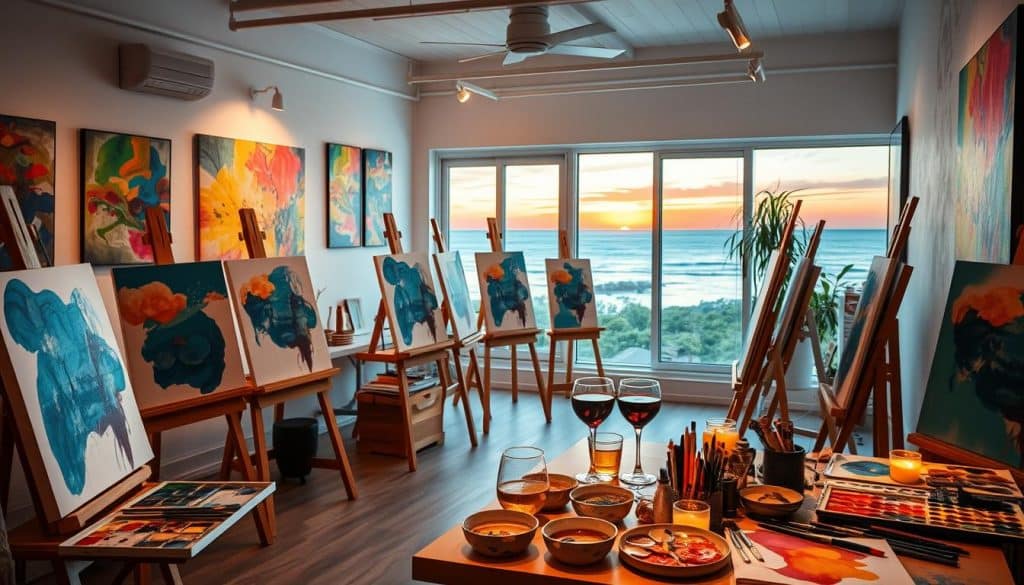 Experience a charming sip and paint studio that offers breathtaking ocean views during sunset. Easels with abstract paintings featuring blue and orange hues are set up for participants. A table in the foreground holds wine glasses, candles, paintbrushes, and art supplies, creating a warm and inviting atmosphere. An ideal place for a relaxing session of drinks and painting.