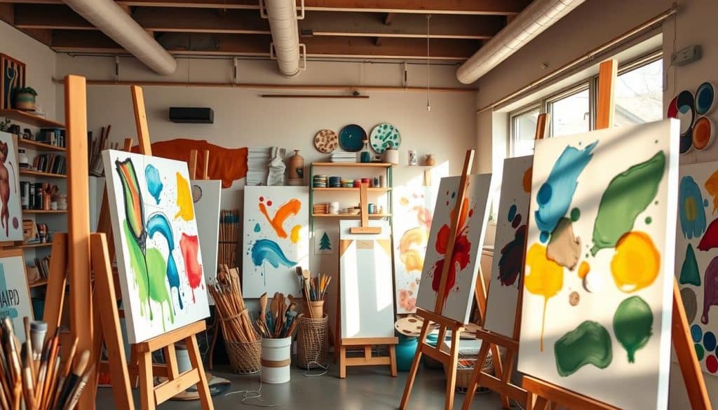 A vibrant and welcoming sip-and-paint studio, adorned with easels showcasing a plethora of colorful abstract artworks. The space is bright with sunlight from large windows, showcasing shelves filled with art supplies, brushes, and decorative ceramics. A cozy and creative space ideal for a fun painting session with drinks and friends.