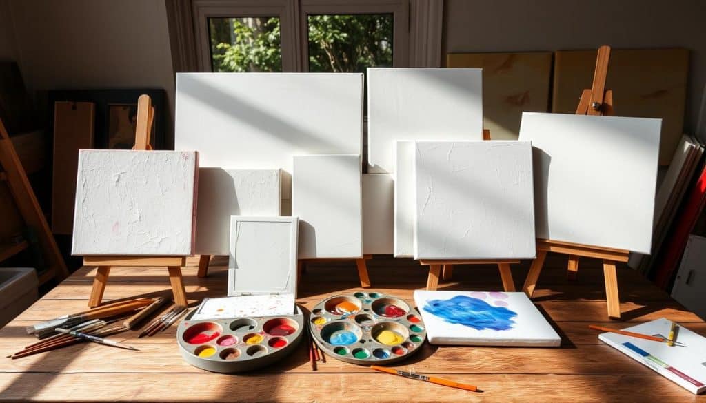 A variety of blank canvases on easels are arranged on a wooden table with paint palettes, brushes, and a small painting in a sunny room, perfect for a tranquil sip and paint DC experience.