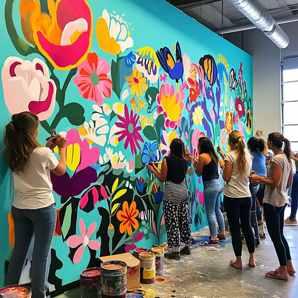 Several people paint a vibrant mural of colorful flowers on a large wall indoors.