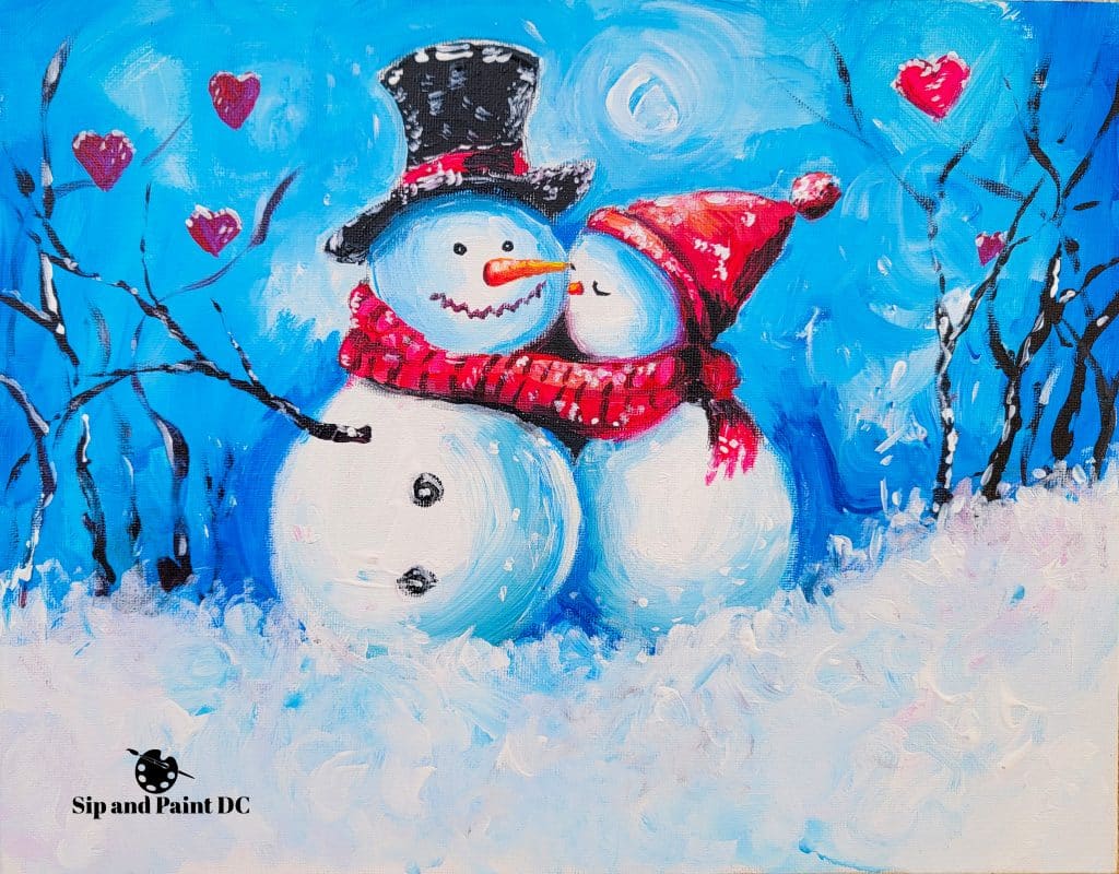 Two snowpeople with red scarves and hats stand close together under a moonlit sky, surrounded by trees with red hearts.