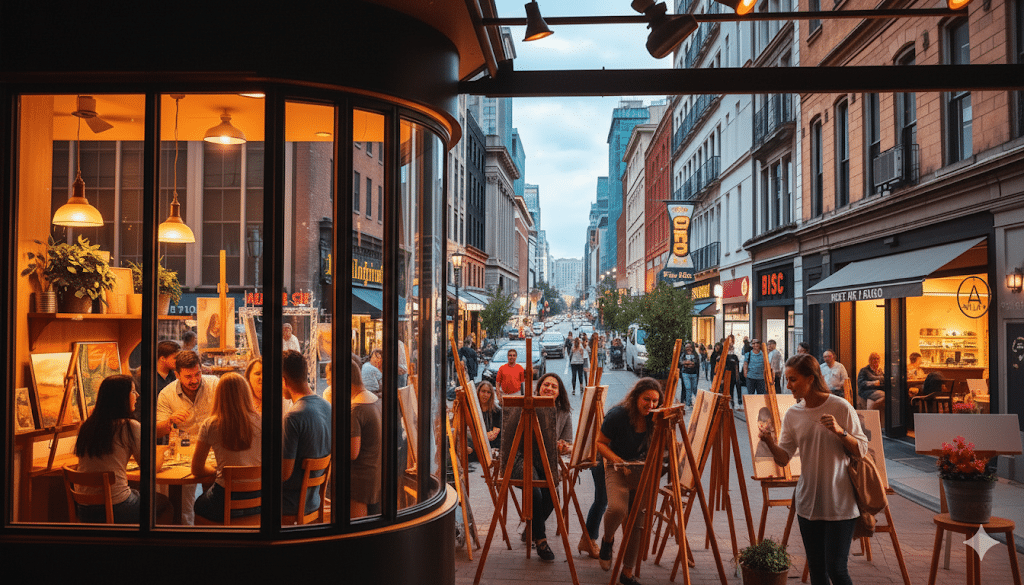 People paint at easels on a lively city street, while others dine inside a warmly lit caf&eacute;. The scene captures activity and social interaction in an urban setting at dusk.