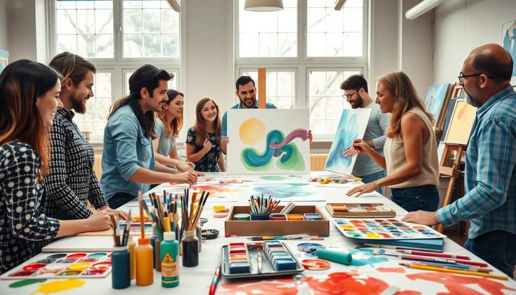 A group of people gathered around tables in an art studio, engaging in painting activities with various art supplies and colorful artworks displayed.