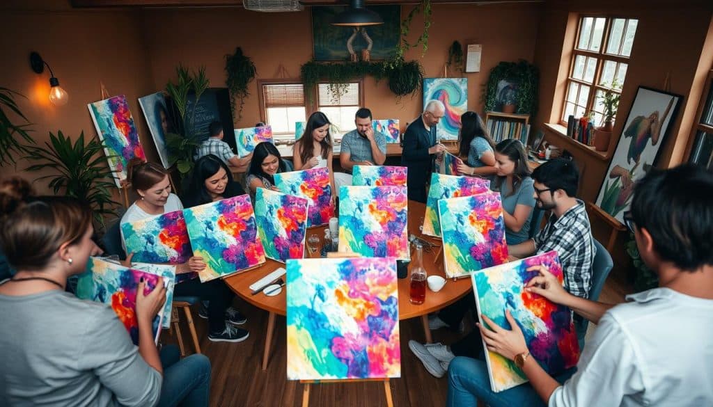 A group of people sits around tables in a cozy room, each painting a colorful abstract canvas during a group art class.