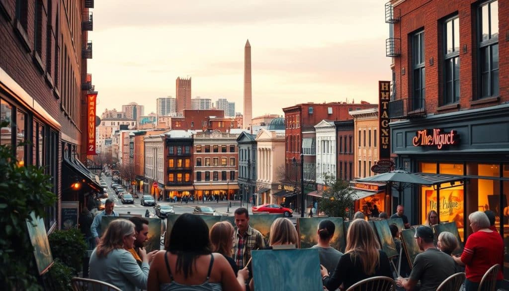 People enjoy a sip and paint evening while dining outdoors on a city street, with buildings and the Washington Monument glowing in the sunset background.