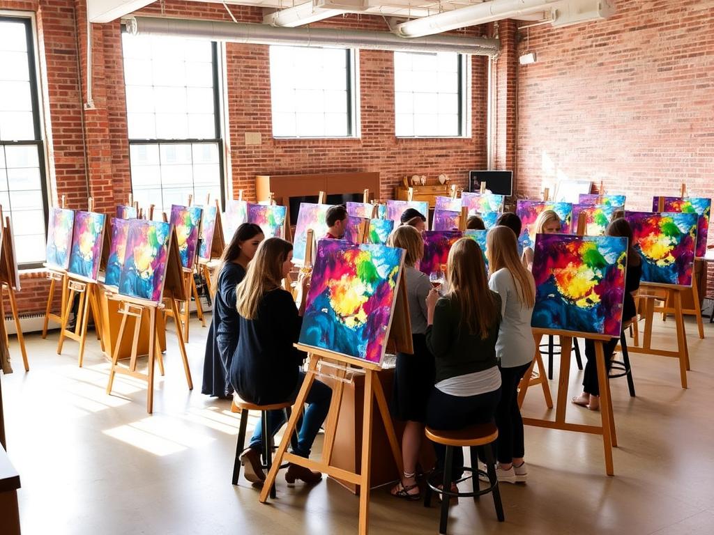 A group of people sit on stools at easels in a bright art studio, each painting a colorful abstract artwork on canvas.