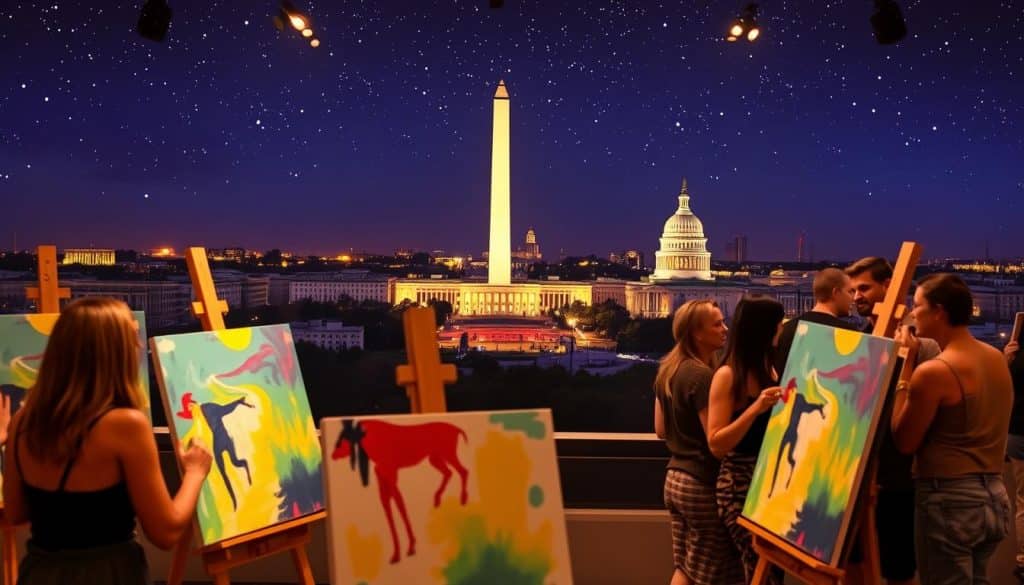 People enjoy a paint and sip class, creating colorful artwork on easels as they overlook a nighttime cityscape of Washington, D.C.&rsquo;s monuments under a starry sky.