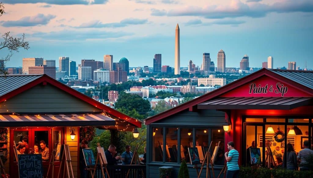 Outdoor paint and sip event at sunset with participants painting on easels, two buildings, and a city skyline visible in the background.