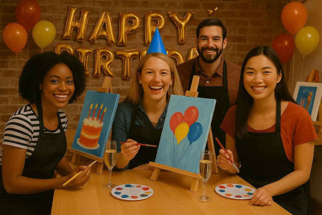 Four adults at a birthday party pose and smile with their completed balloon and cake paintings on easels, surrounded by art supplies and celebratory decorations.
