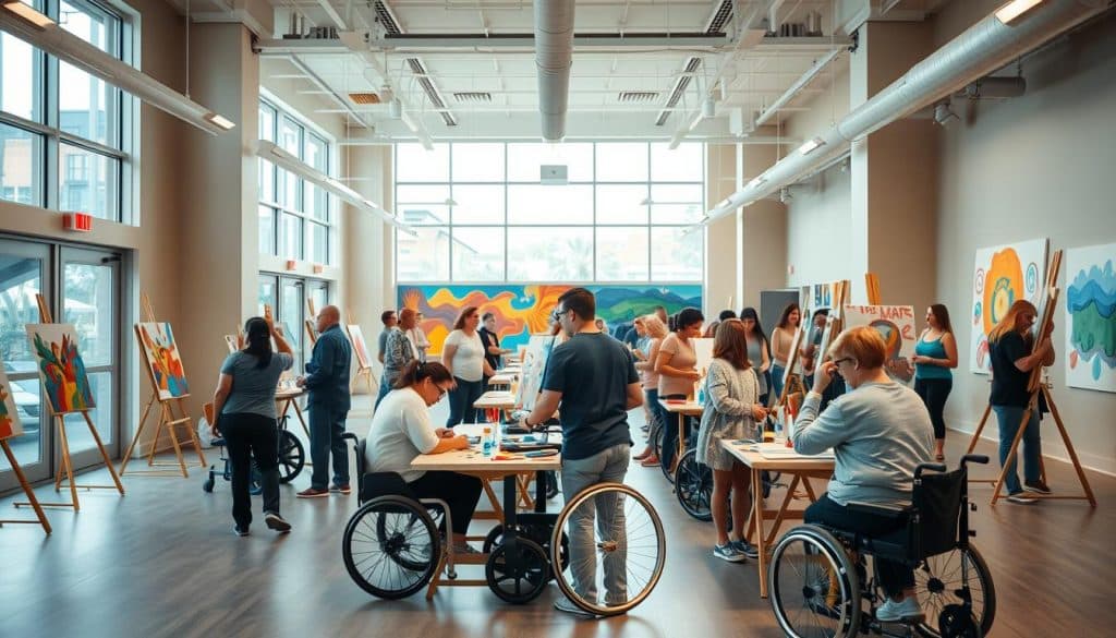 People of various ages and abilities, including wheelchair users, enjoy a lively paint and sip group class inside a bright, spacious art studio with large windows.