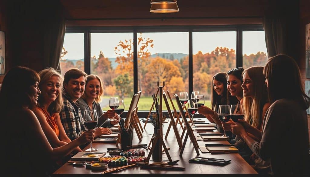 A group of people enjoy a sip and paint session at a long table indoors, drinking wine and painting on canvases, with autumn trees visible through large windows in the background.