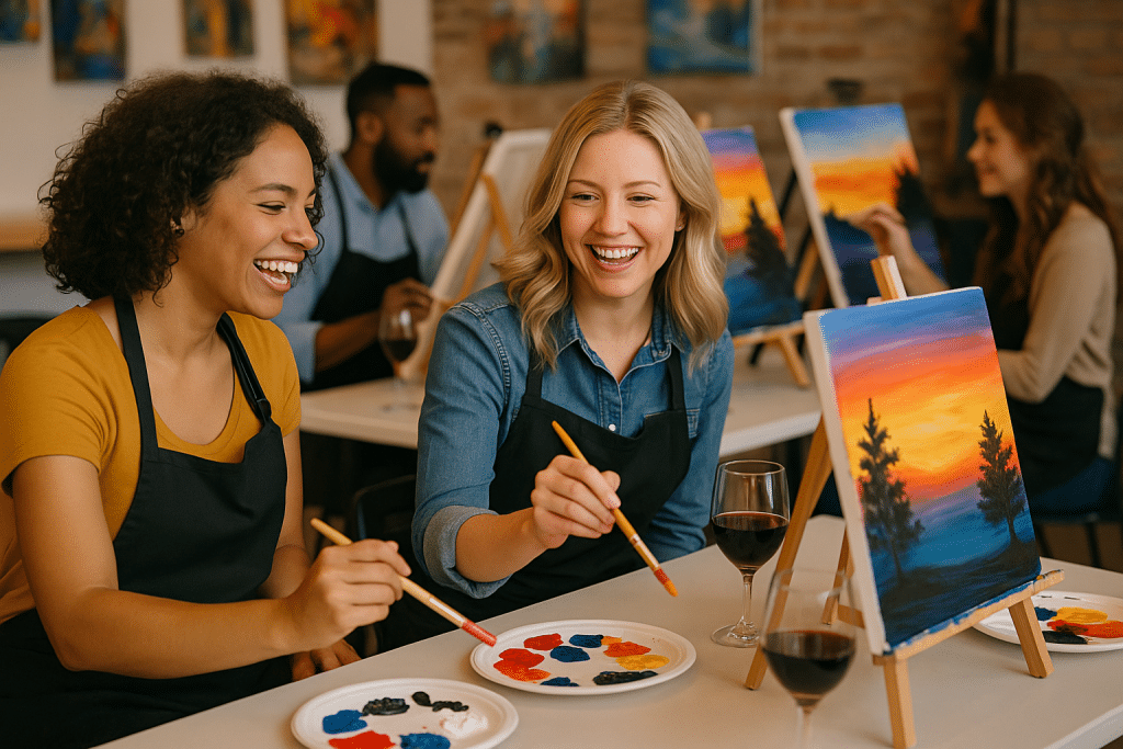 Four adults sit at tables, painting colorful landscapes on canvases and smiling. Paint palettes and glasses of red wine are on the table. The setting appears to be a group art class.
