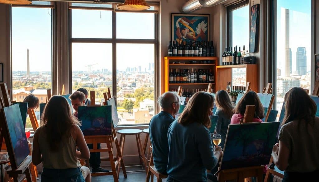 A group of people sit at easels painting in a bright studio with large windows overlooking a city skyline on a sunny day.