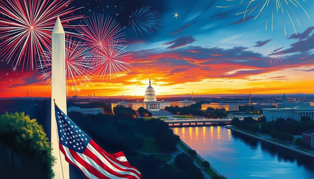 Fireworks light up the sky over the U.S. Capitol and Washington Monument at sunset, while an American flag waves in the foreground&mdash;perfect inspiration for your next paint and sip by the reflecting pool below.
