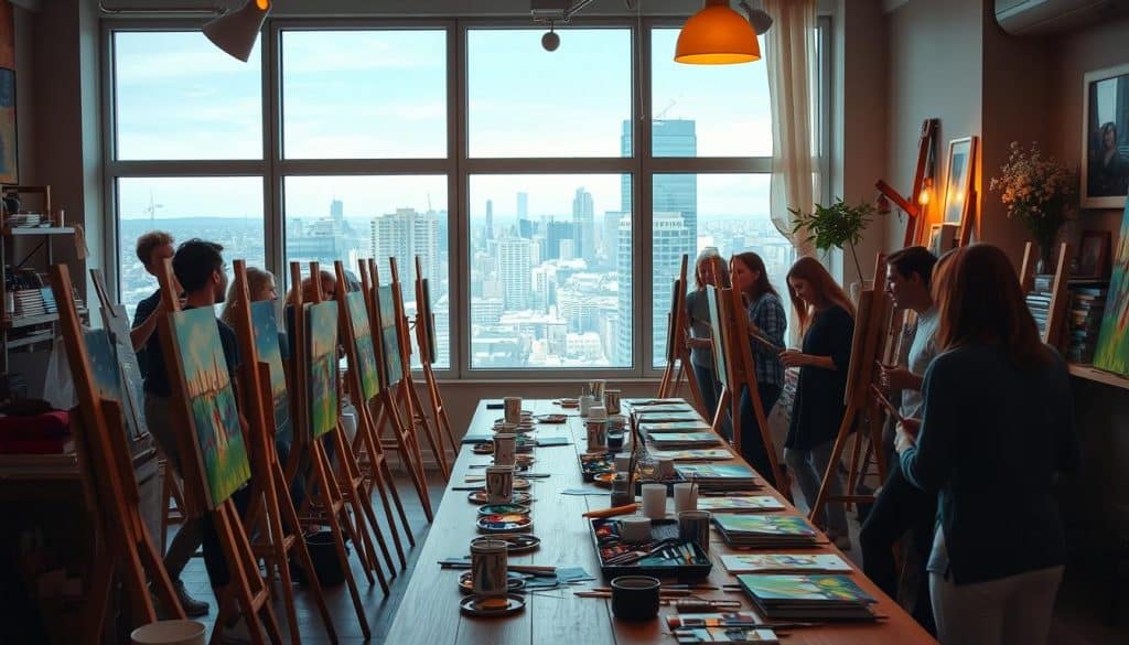 A group enjoys a paint and sip session on canvases at easels in a bright studio with large windows overlooking the city skyline. Art supplies are arranged on a long table in the center.