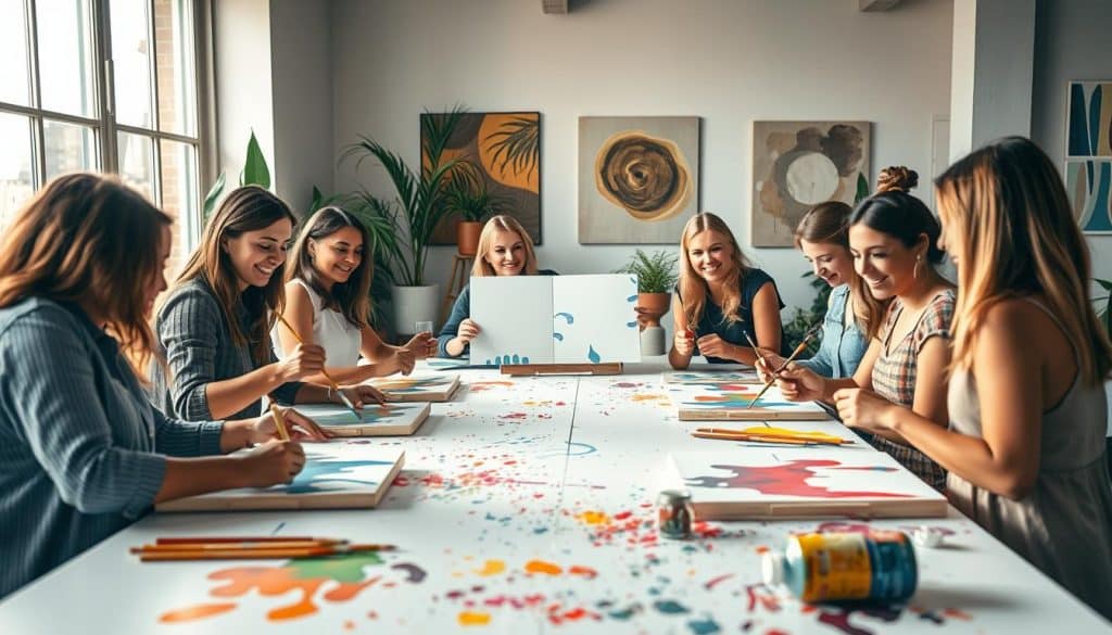 A group of women sit around a table painting on canvases in a bright, modern art studio with abstract art on the walls and art supplies on the table.