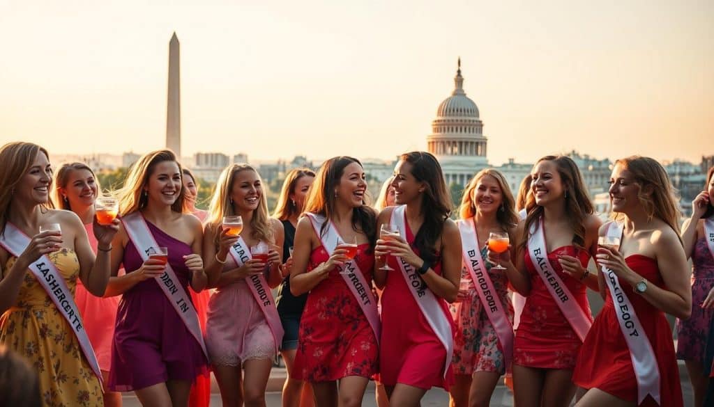 A group of women in sashes and red dresses stand outdoors, drinks in hand and smiling, as they enjoy a paint and sip event with the U.S. Capitol and Washington Monument in the background.