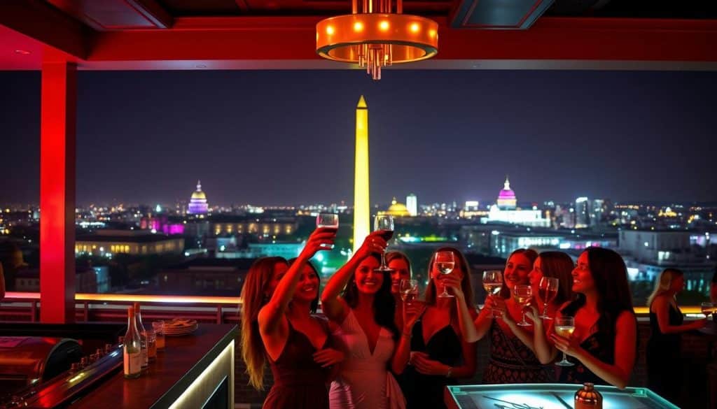 Five women raise glasses in a toast at a rooftop paint and sip night, with the city skyline and illuminated monuments shining in the background.