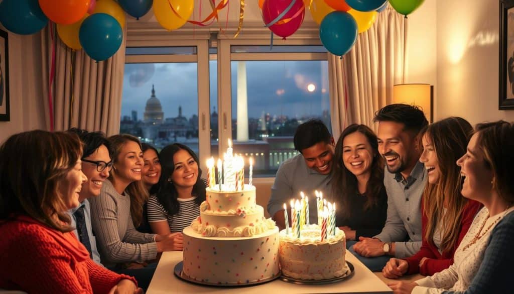 A group of people sit around a table with two lit birthday cakes, smiling and celebrating in a decorated room with balloons, a city view in the background, and sip and paint supplies adding to the festive atmosphere.