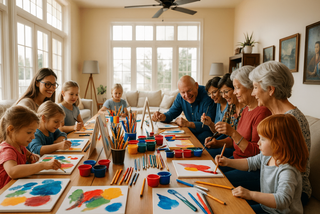 A group of children and adults sit around a large table in a bright room, enjoying a FAMILY EVENT in DC. They paint and sip together, using brushes and colored pencils while various art supplies are spread out on the table.