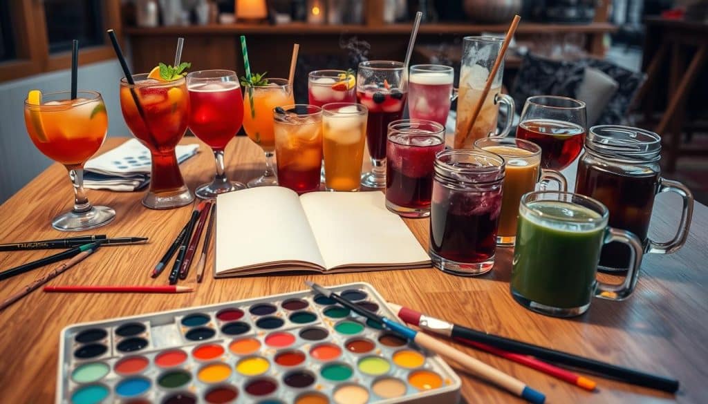 A wooden table with an open sketchbook, paintbrushes, watercolor palette, and various colorful drinks in different glasses&mdash;perfect for a cozy paint and sip session.