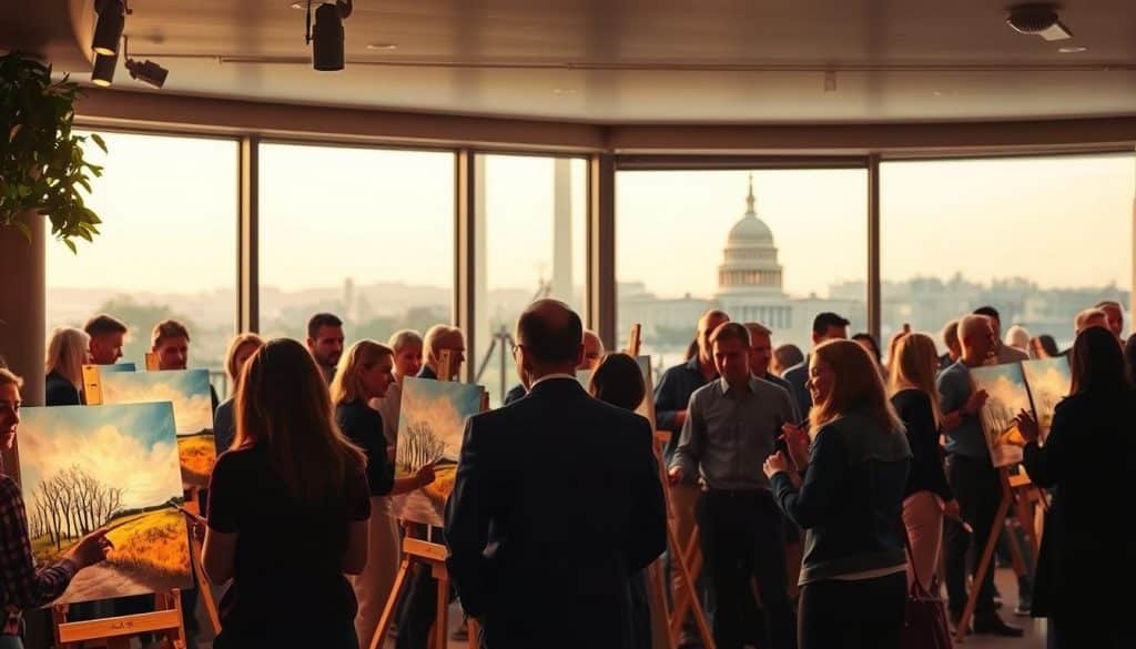 A group of people enjoys a paint and sip event in a modern room with large windows overlooking a cityscape and a domed government building at sunset.