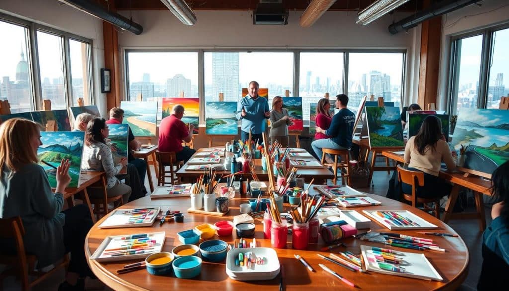 A group of people participates in a paint and sip class in a bright studio with large windows overlooking a cityscape; art supplies and landscape paintings are on the tables.