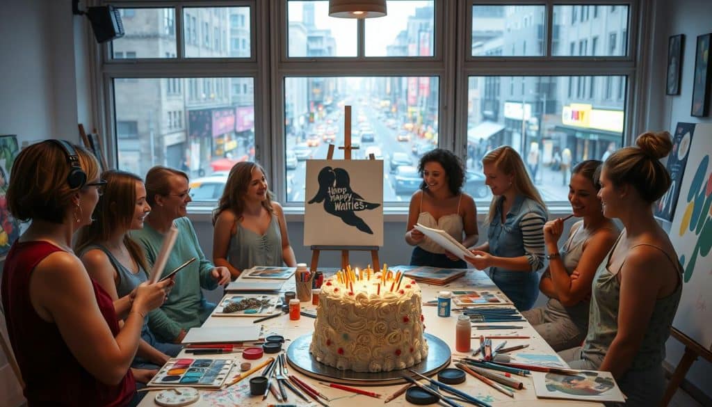 A group of women enjoy a paint and sip session around a table with art supplies, painting and smiling, while a large decorated cake and a city street are visible through the window.
