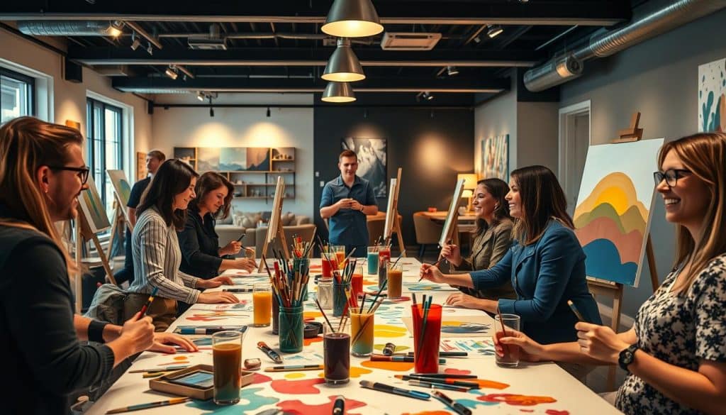 A group of people sit around a large table in an art studio, painting and smiling, with art supplies and colorful artwork visible on the table and walls.