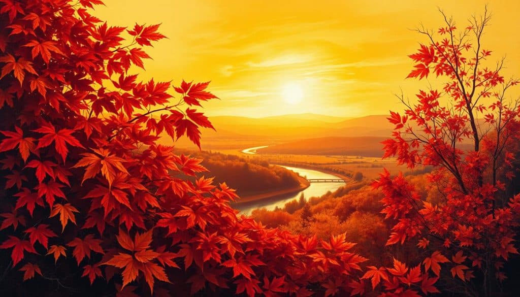 Bright orange and red autumn leaves frame a winding river and bridge under a golden sunset, with rolling hills in the background.