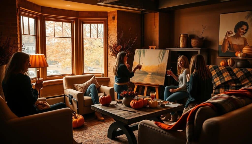 Four women socialize and paint in a cozy living room decorated with pumpkins and autumn decor, with warm sunlight streaming through large windows.